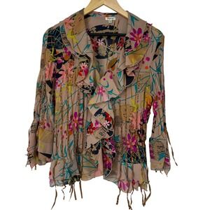 Agora Womens Floral Ruffled Top M Tan Pink Boho Beaded Ribbons Indie Artsy